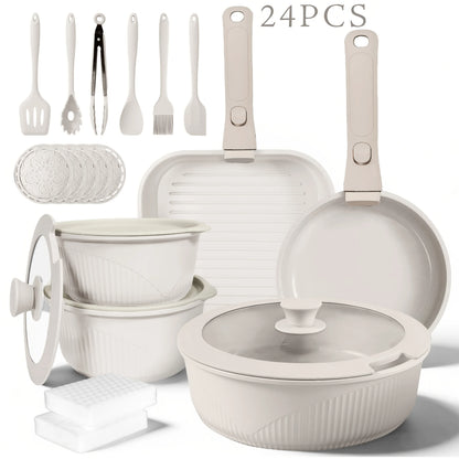 24pcs/7pcs/5pcs Cookware Set Non-Stick Pots & Pans Induction-Ready Kitchen Cookware Set Includes Skillet/Frying Pan/Soup Pot/Ste