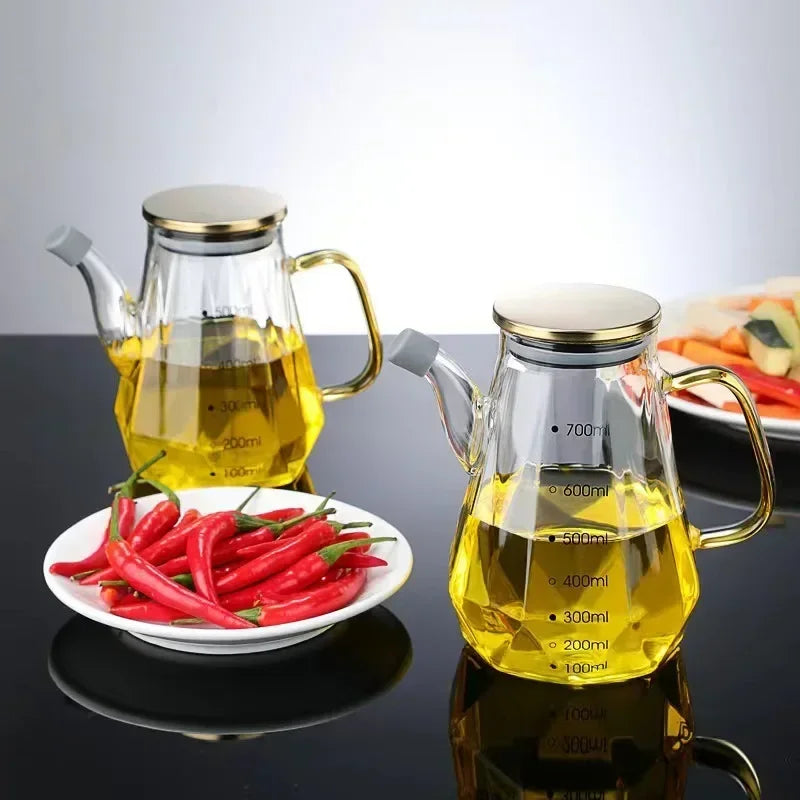 JUSTINLAU Glass Oil Pots 500/700/900ml Leak Proof Diamond Oil Bottle with Scale/Lid Kitchen Soy Sauce Vinegar Condiment Storage