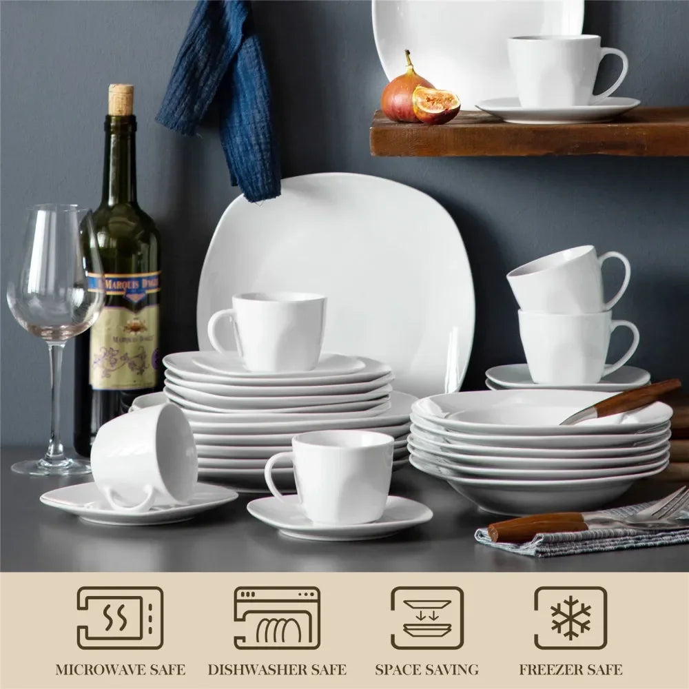 30Piece Porcelain Grey White Dinnerware Set,Serving Plates Dishes Set With Dinner Plates Soup Plates Dessert Plates Cups Saucers