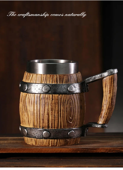 Viking Wood Style Beer Mug 3D Resin Stainless Steel Coffee Cup Wine Glass Metal Double Wall Mug Beer Jug Cup Thermal