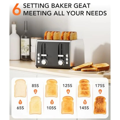 4 Slice Retro Stainless Steel Toaster with Extra Wide Slots 6 Shade Settings Toast Boost Cancel Button Perfect for Waffles Bage