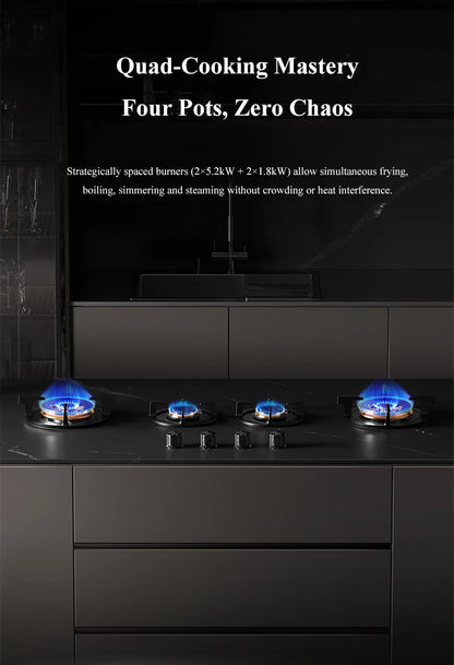 Premium Built-in NG Gas Cooktop 4-Burner 5.2KW Copper Flame Failure Protection Panel-Ready for Custom Kitchen