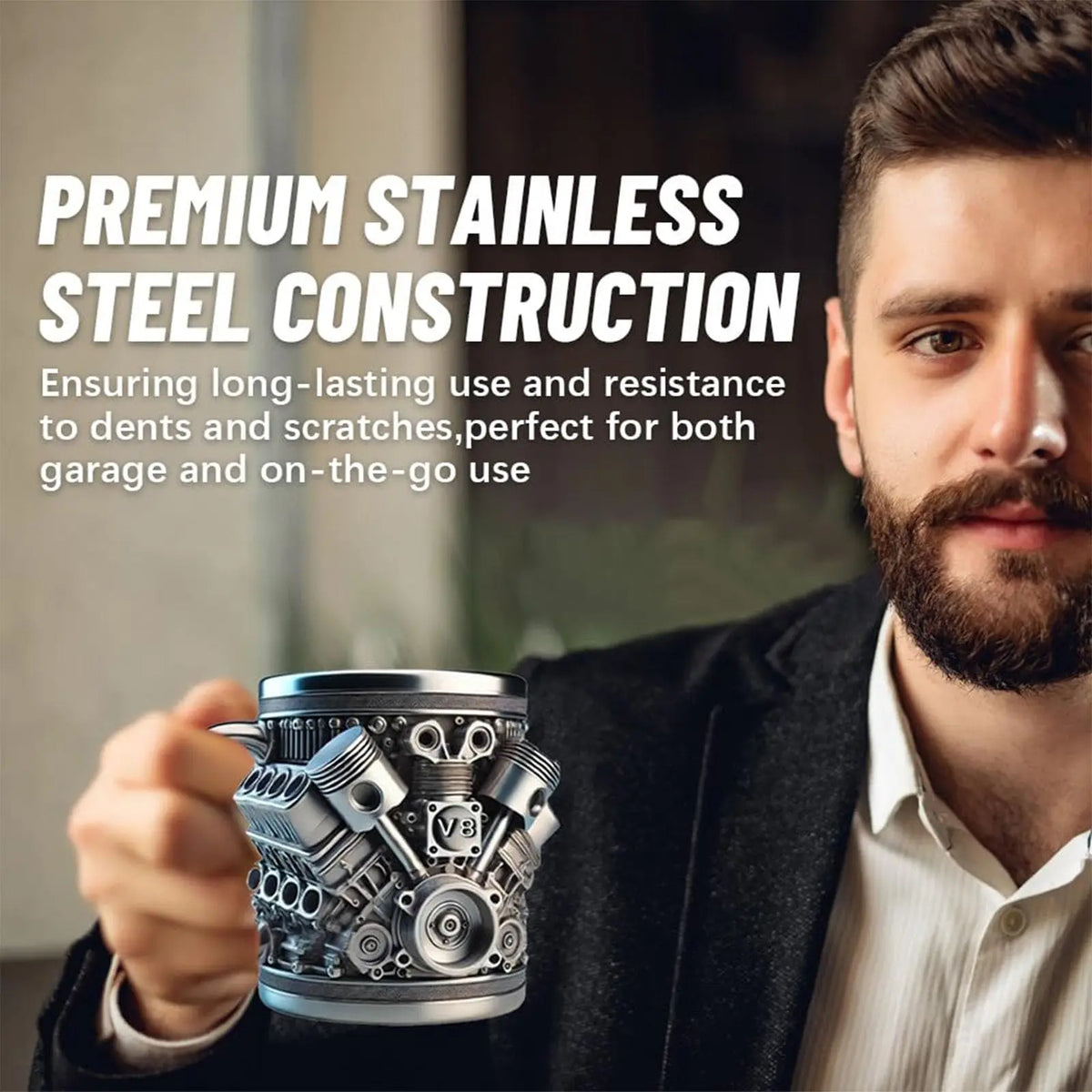 Stainless Steel Cup V8 & V6,  V6 V8 Engines Design Mug, Durable & Stylish Rust-Proof 15oz Coffee Mug Perfect for Car Enthusiasts