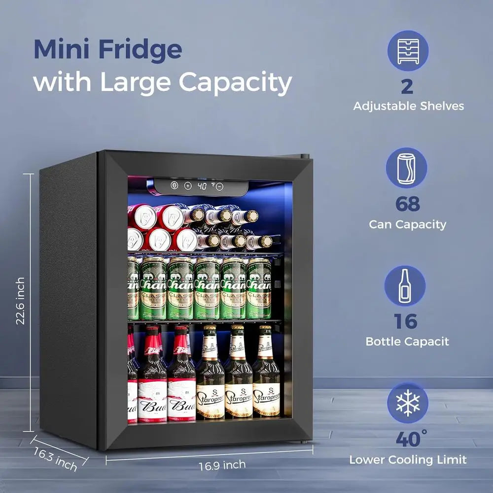 68-Can Capacity Mini Fridge with Glass Door for Beverages, Ideal for Home, Office, or Dorm, Black