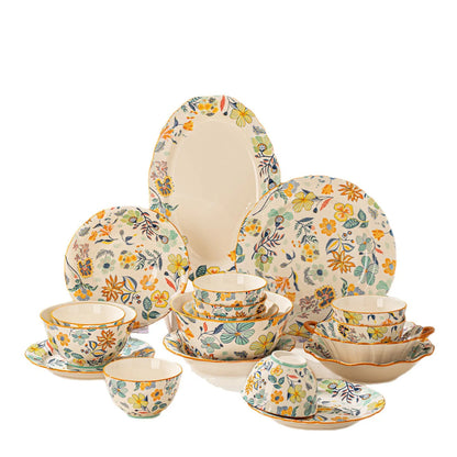 LingAo-Japanese Country Style Ceramic Tableware Set of Plates and Bowls with Underglaze Colors