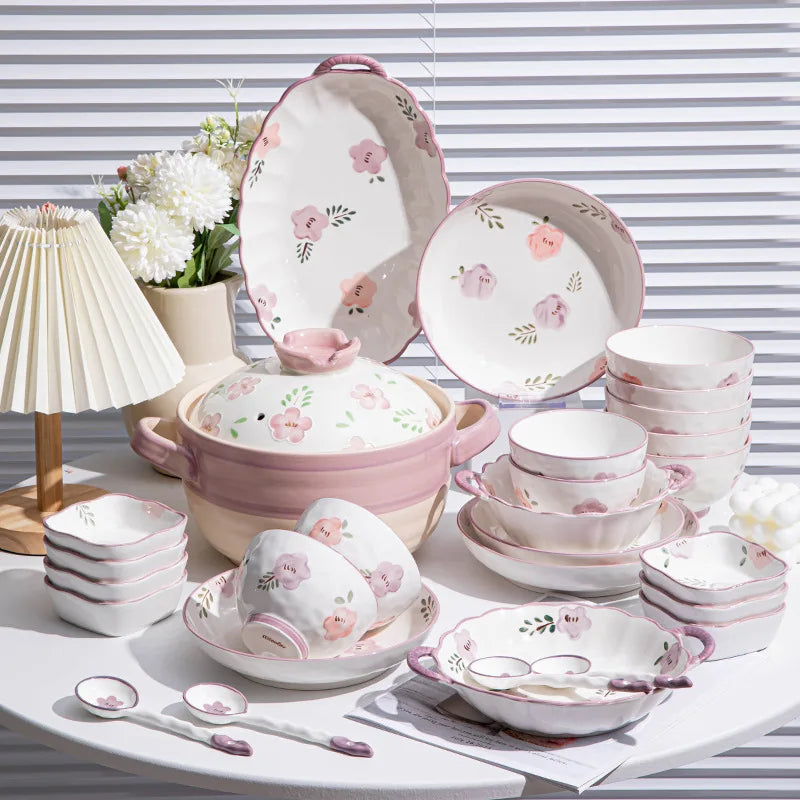 Flower, Underglaze Color, Ceramic Tableware, Bowl and Plate Combination
