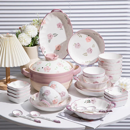 Flower, Underglaze Color, Ceramic Tableware, Bowl and Plate Combination