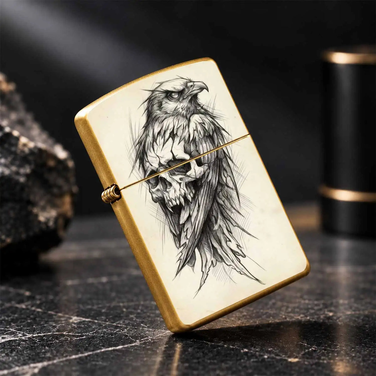 Dark Style Hawk Skull Sketch Portable Lighter, Retro Artistic Decor Carry-On Ignition Tool, Suitable For Daily Travel Outdoor Trips Multiple Scenarios, Trendy Aesthetic Practical Gift Item With Unique Hand-Drawn Texture A Hum