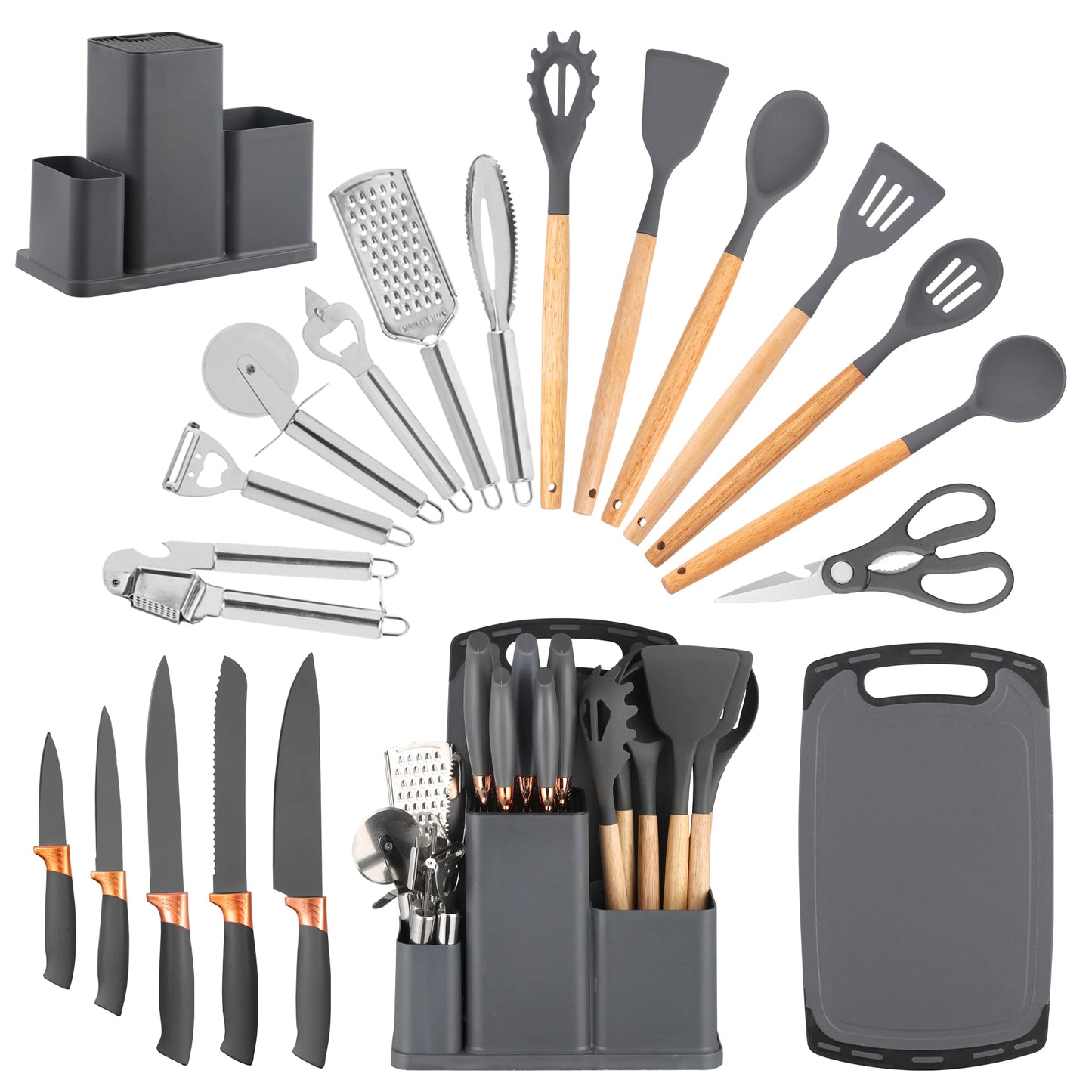 19Pcs Kitchen Utensils Set with Knife & Cutting Board, Silicone Cooking Tools with Storage Holder