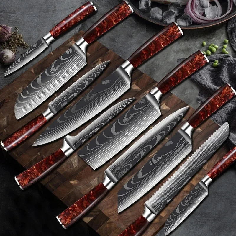 Japanese Santoku Knife 10pcs Damascus Pattern Knives Set Chef's Knife Boning Knife Meat Cleaver Vegetable Slicing Knives