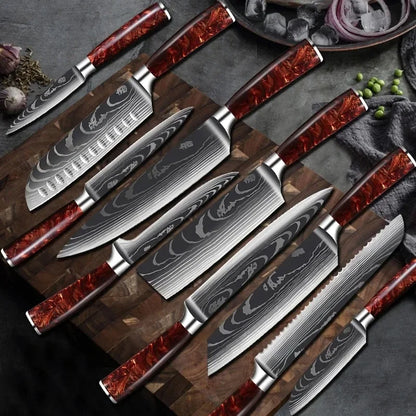 Japanese Santoku Knife 10pcs Damascus Pattern Knives Set Chef's Knife Boning Knife Meat Cleaver Vegetable Slicing Knives