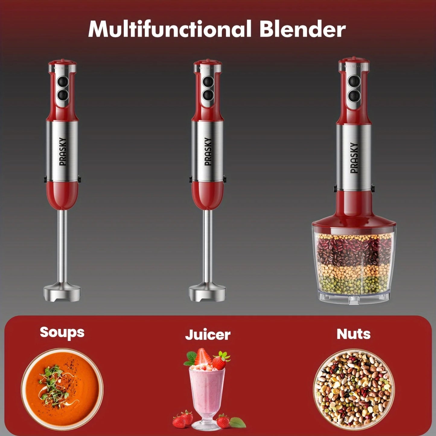 PRASKY 5-in-1 Handheld Immersion Blender with High Power Motor & Multi-Attachment System - Powerful Motor, Whisk, Meat Chopper