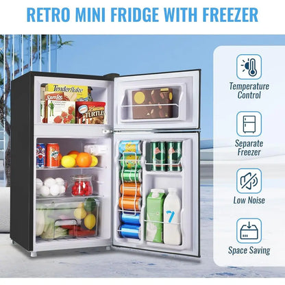 Compact 3.5 Cu. Ft. Mini Fridge with Freezer, Adjustable Shelves, Ideal for Dorm, Office, Bedroom - Sleek Black