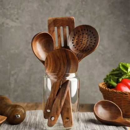 4-8pcs Wooden Cooking Spoon with Storage Bucket Durable Kitchen Utensils Set Natural Material Unbreakable Kitchen Shovel Set