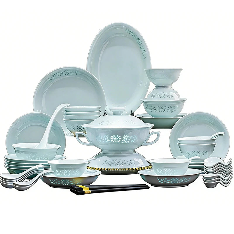 Celadon Dinnerware Set 22/40/70pcs Linglong Ceramics Dish Sets Full Set Luxury China Tableware Set For 4/6/10 Persons Dinner Set