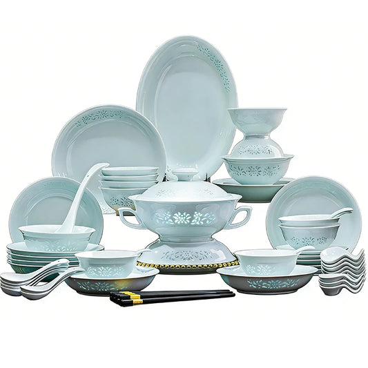 Celadon Dinnerware Set 22/40/70pcs Linglong Ceramics Dish Sets Full Set Luxury China Tableware Set For 4/6/10 Persons Dinner Set