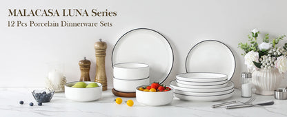 MALACASA 12/24 Piece Black Rim Ceramic Porcelain Dinnerware Set with 4/8 Pcs Dinner/Dessert Plates/Bowl Tableware Set for 4
