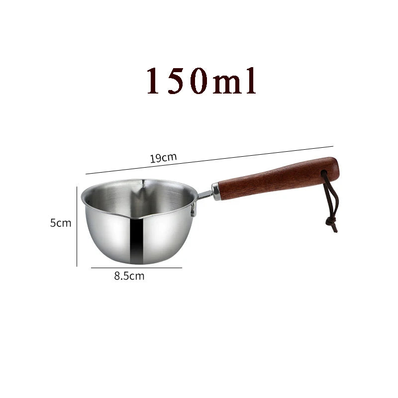 Mini Oil Pouring Pot with Wooden Handle 304 Stainless Steel Milk Pan Kitchen Butter Baking Measuring Pots for Household Cooking