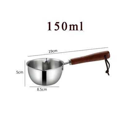 Mini Oil Pouring Pot with Wooden Handle 304 Stainless Steel Milk Pan Kitchen Butter Baking Measuring Pots for Household Cooking