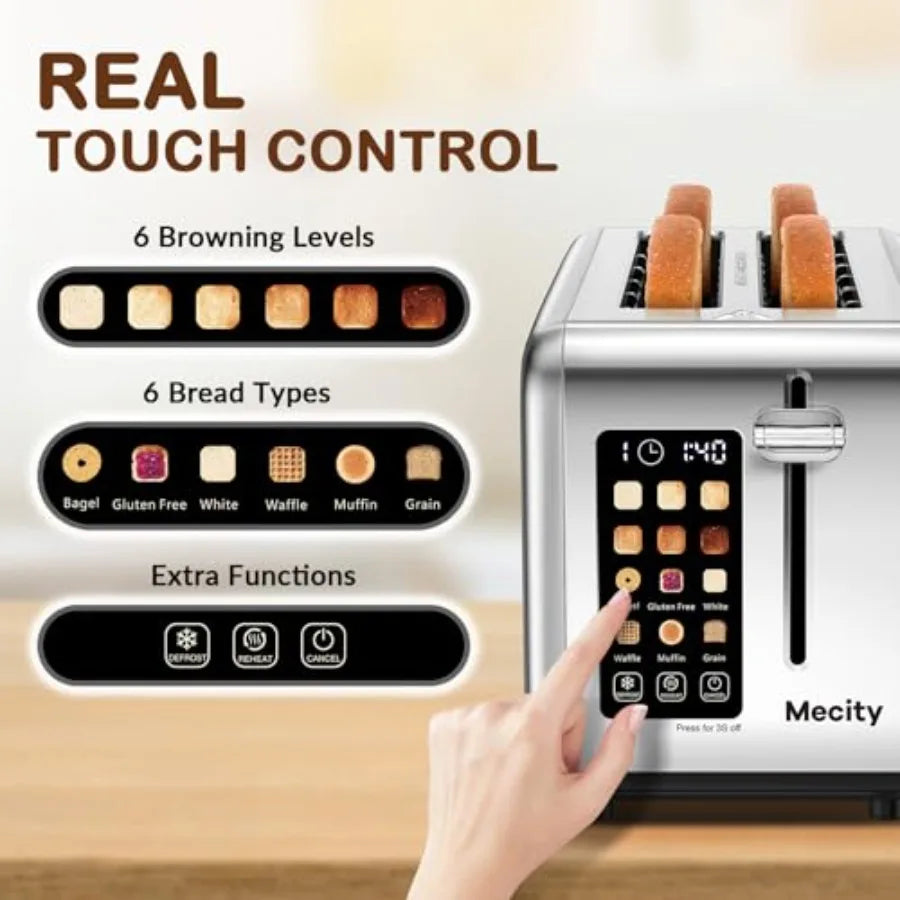 4 Slice Toaster Touch Screen 1.5" Long Slot Stainless Steel Smart Bread Toaster for Bagel Muffin Waffle Gluten Free Breads Time