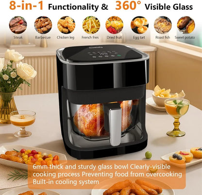 4.5 Qt Glass Air Fryer, Borosilicate Basket, Stainless Steel Tray, 8 Presets, Black