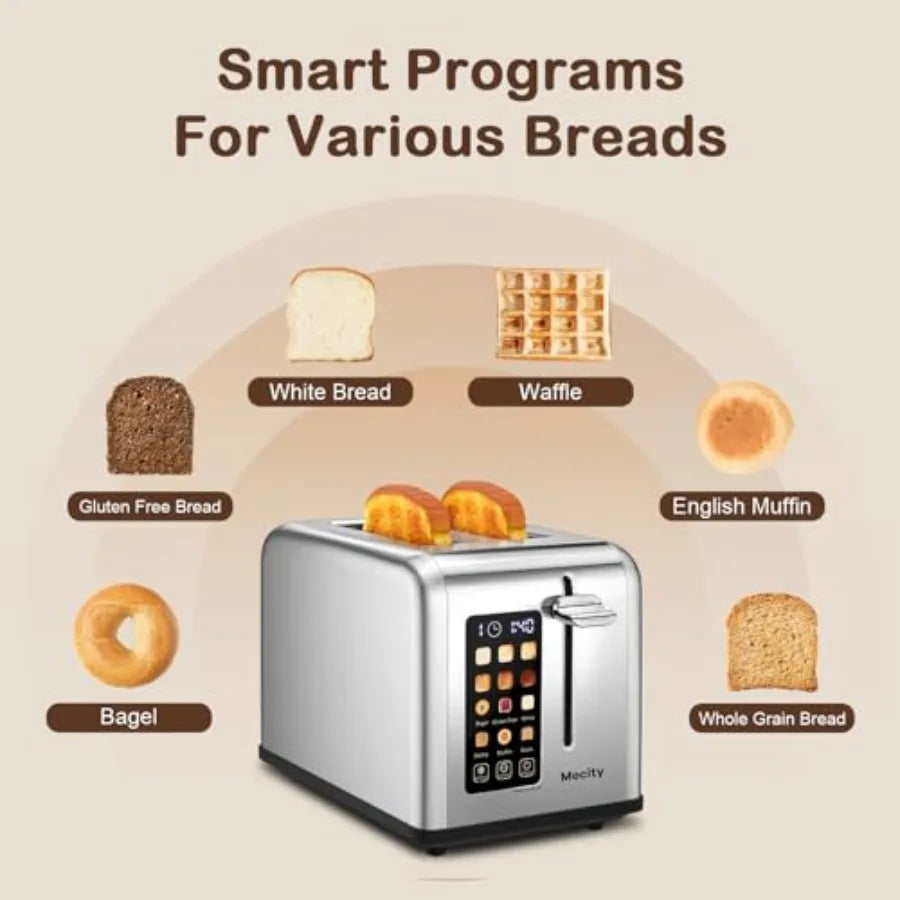 2 Slice Toaster Touch Screen 1.5" Wide Slot Smart Bread Toaster for Bagel Muffin Waffle Gluten Free Breads Timer Defrost Reheat