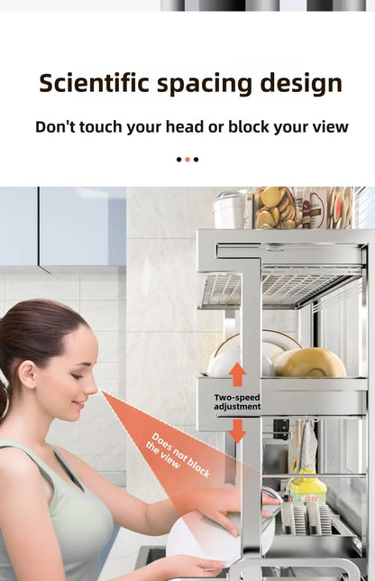 304 Stainless Steel Sink Storage Rack 2 Layers Kitchen Shelf Multifunctional Bowl Dish Drain Basket Space Saving Organize Shelf