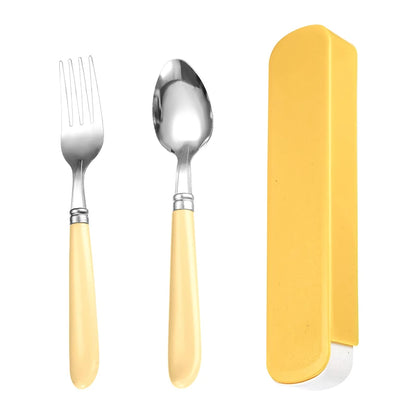 2Pcs/Set Portable Spoon Fork Combination Travel Tableware Set Stainless Steel Dinnerware With Box For Kid School Cutlery