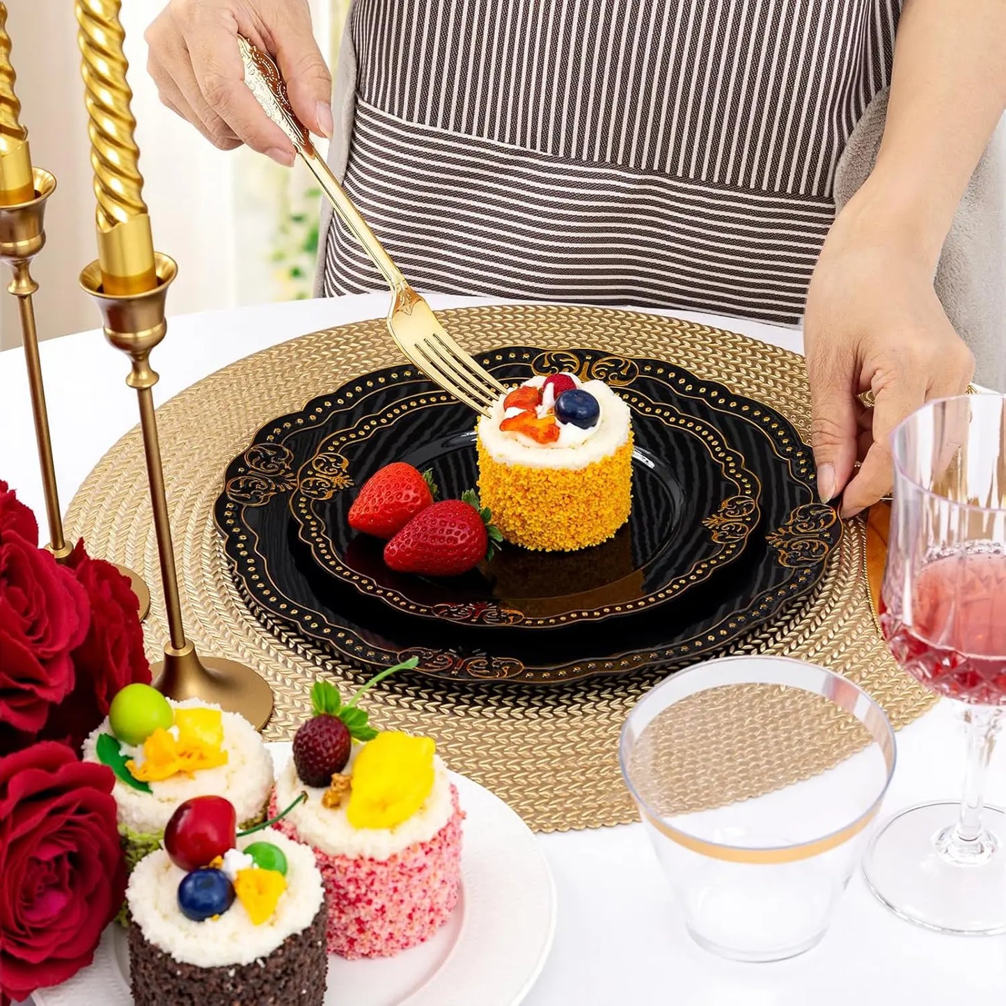 175 PCS Black and Gold Plastic Plates - Black Disposable Dinnerware Set with 50 Plates, 25 Knives, 25 Forks, 25 Spoons, 25 Cu
