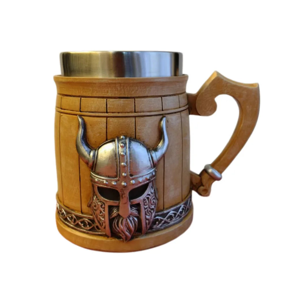 Medieval Revival Viking Pirate Beer Mug "Norse Mythology Odin/Thor Theme" Tankard Nordic Medieval Axe Handle Wood Barrel Stein