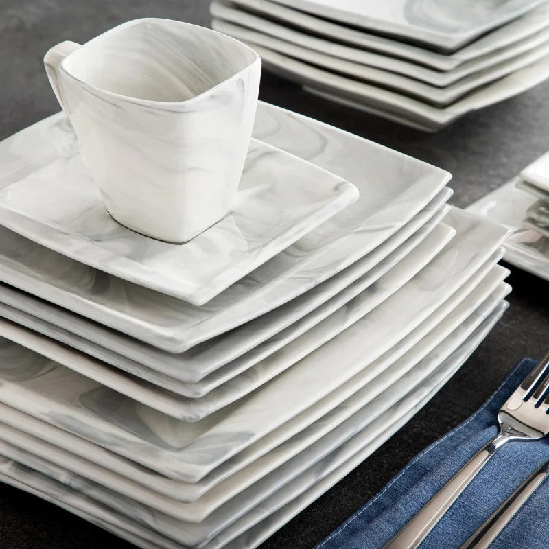 30PCS Marble Grey Porcelain Tableware Dinnerware Set with 6PCS Dessert/Soup/Dinner Plate/Cup/Saucer,Plates and Bowls Sets,FLORA