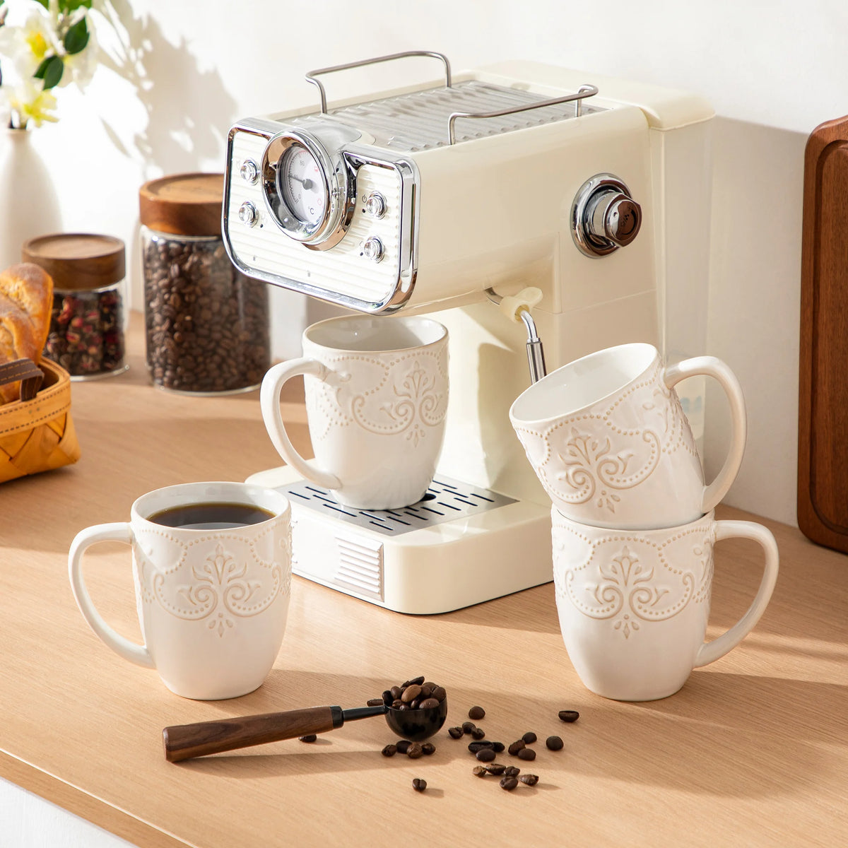 MALACASA GISELLE 4/8 PCS Porcelain Cup Sets 14 Oz Retro Relife Coffee Cup Sets Ceramic Mug Sets for Milk/Cappuccino Two Option