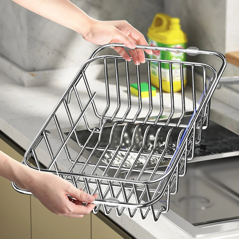 Stainless Steel Telescopic Sink Drain Rack Non-Slip Dish Drying Kitchen Bathroom Countertop Organizer Rack for Household Use