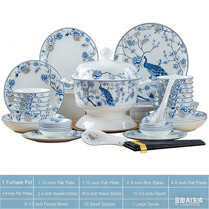 Blue And White Porcelain Tableware Set 18/28/56/30pcs Ceramics Dish Sets Full Set Luxury China Dinnerware Set For 4/6/10 Persons