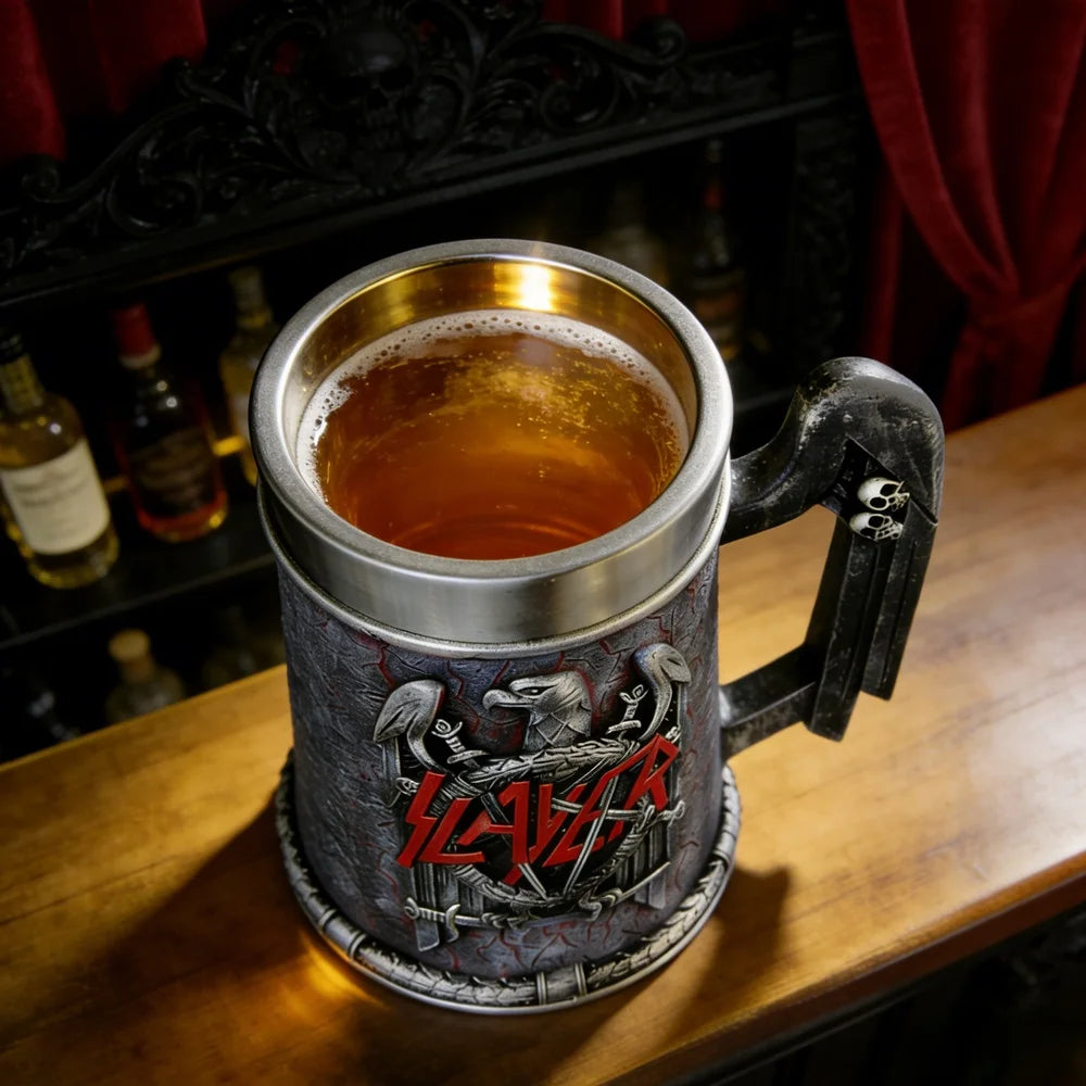 Slayer Tankard Eagle Emblem Mug Resin Outer Stainless Steel Liner Gothic Skull Handle Thrash Metal Band Fan Collectible Gift