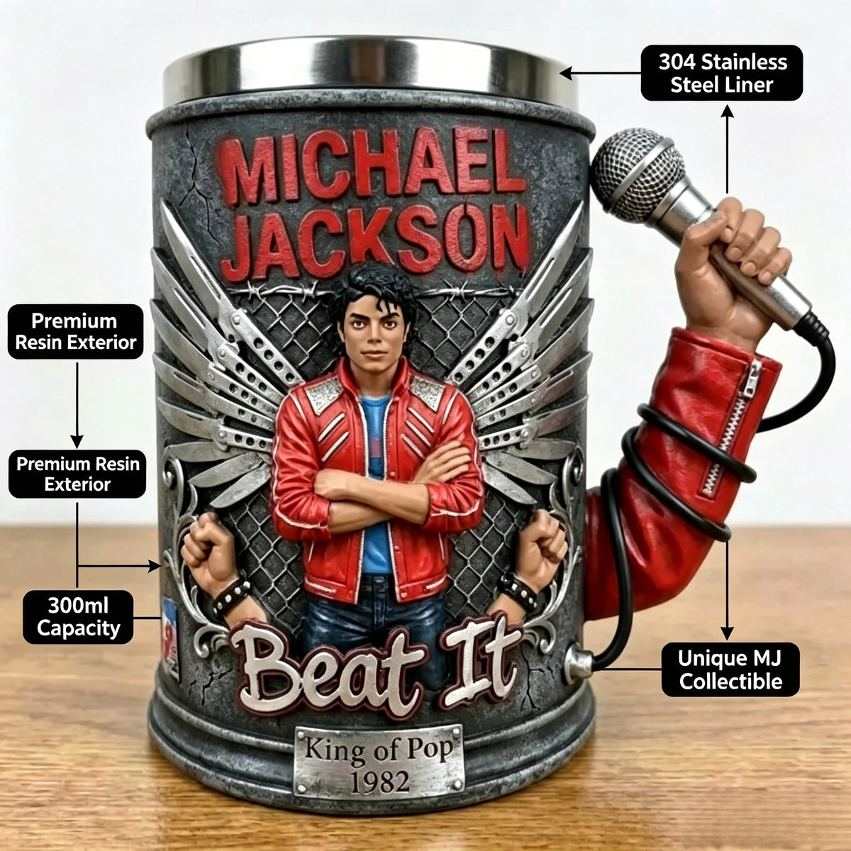 300ml Michael Jackson Beer Mug 304 Stainless Steel Liner Premium Resin Exterior Cup