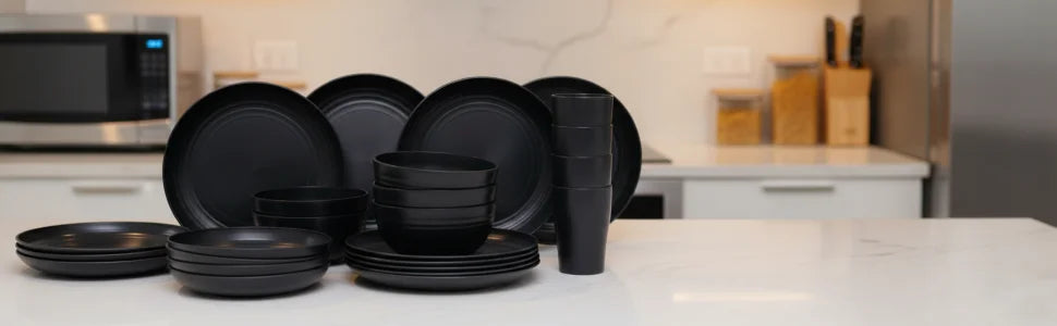 16 PCS Wheat Straw Dinnerware Set, Unbreakable Plates Bowls Cups for 4, Lightweight Microwave & Dishwasher Safe Tableware