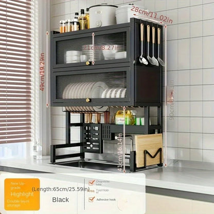 Dish Rack Kitchen Carbon Steel Over Sink Organizer Dustproof Multi Compartment Easy Mount Sink Storage Space