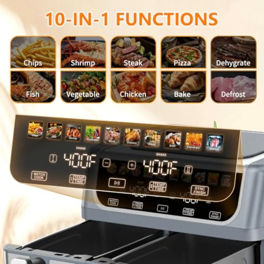 10-in-1 Air Fryer for Kitchen Use, Grey Aluminum Alloy, Grey, 9.5 QT Large Capacity with Dual Independent Baskets, Sync Finish