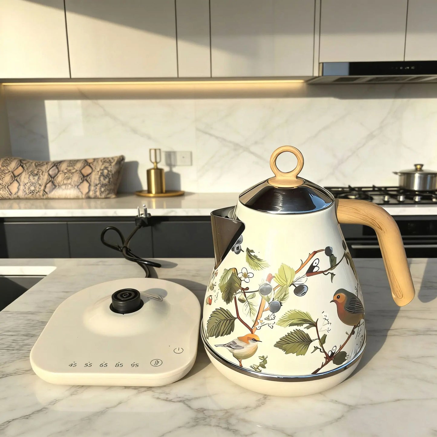 1.7L Retro Decal Electric Kettle Wood Grain Handle 304 Stainless Steel Temperature Control Teapot Home Auto Keep Warm Kettle