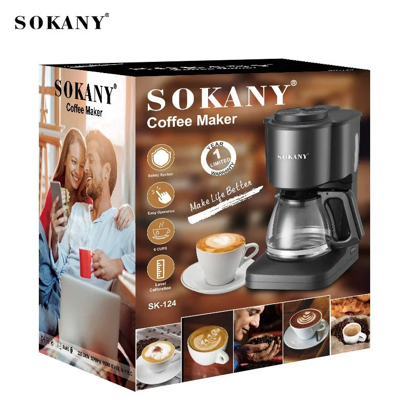 SOKANY Drip Coffee Maker 6‑Cup Automatic Coffee Machine with Glass Carafe Keep‑Warm Plate for Home Office Use SK‑124