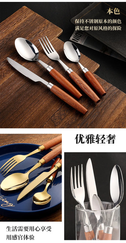 4pcs Wooden Handle Cutlery Set Stainless Steel Knife Fork Spoon Suit Sapele Wooden Western Flatware Dishwasher Safe Kitchen Item