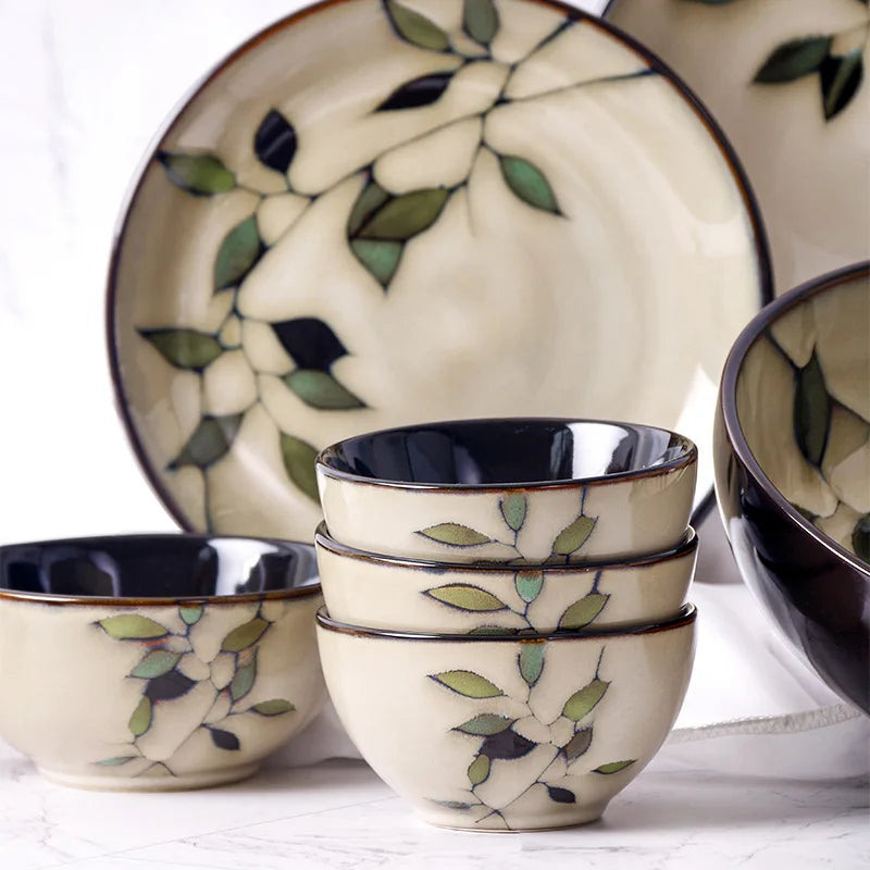 Bamboo Leaf Ceramic Tableware Set Japanese Rice Bowl Large Soup Noodle Bowl Retro Underglaze Hand Painted