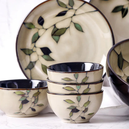 Bamboo Leaf Ceramic Tableware Set Japanese Rice Bowl Large Soup Noodle Bowl Retro Underglaze Hand Painted