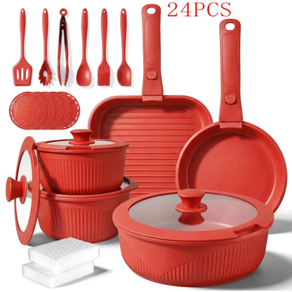 24pcs/7pcs/5pcs Cookware Set Non-Stick Pots & Pans Induction-Ready Kitchen Cookware Set Includes Skillet/Frying Pan/Soup Pot/Ste