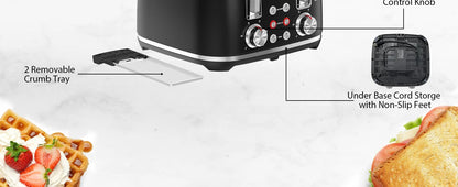 4 Slice Toaster, 1.5" Extra Wide Stainless Steel Slots, Dual Controls, Removable Crumb Tray, 6 Shade Settings, Black