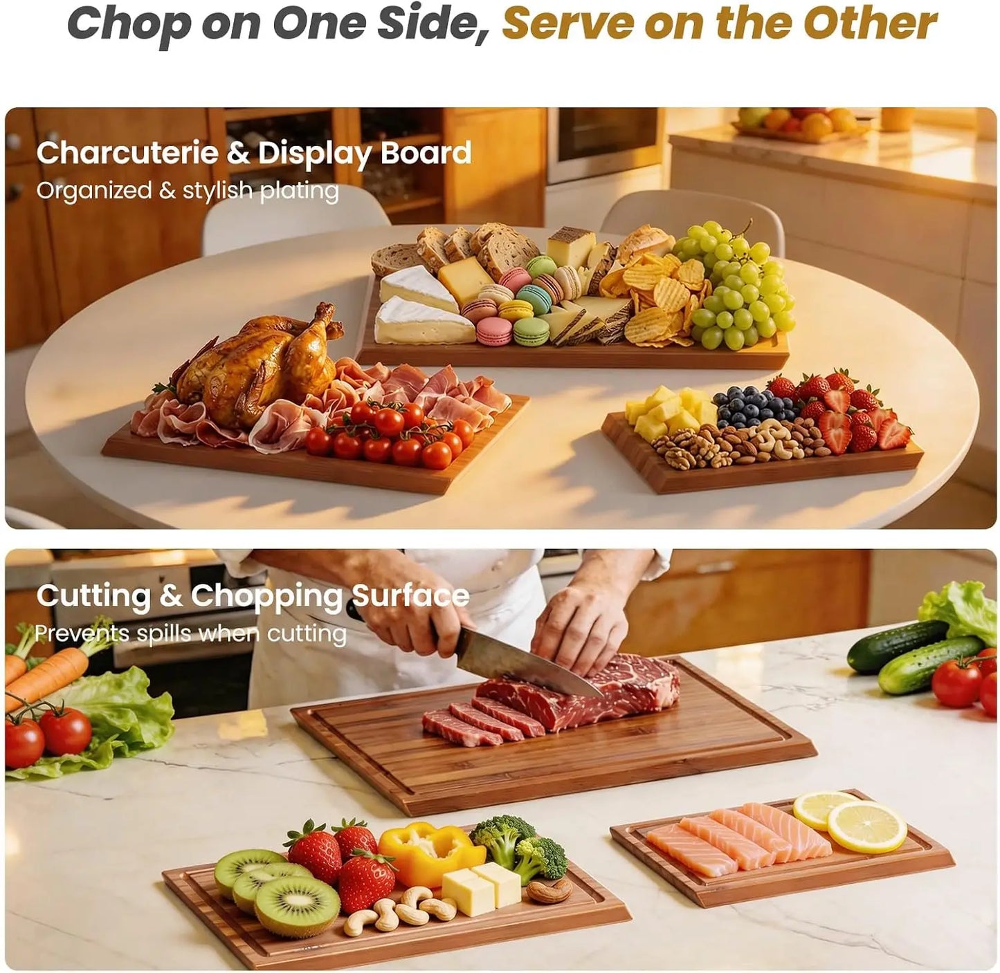 Bamboo Cutting Board Set With Stand, 3PCS Double-Sided Chopping Boards For Kitchen Meal Prep & Serving, Charcuterie, Juice Groov