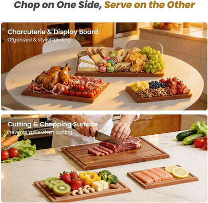 Bamboo Cutting Board Set With Stand, 3PCS Double-Sided Chopping Boards For Kitchen Meal Prep & Serving, Charcuterie, Juice Groov