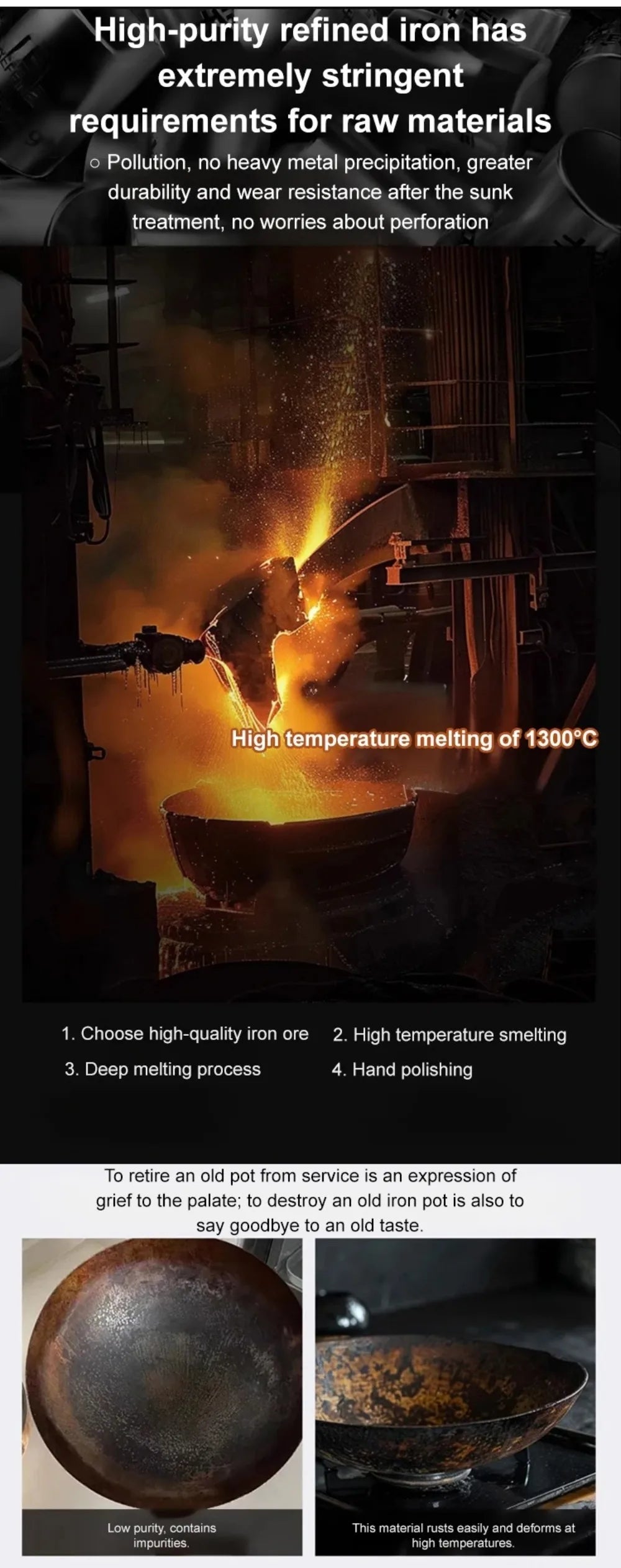 Healthy Hand Forging Cast Iron Pot NonStick Uncoated Frying Pan with Wooden Lid Chinese Wok Induction Cooker Gas