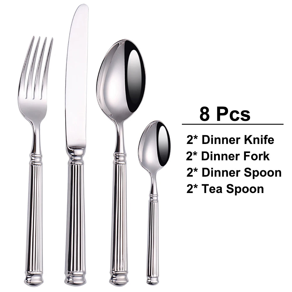 12/16/20 Pieces Sliver Tableware Set Stainless Steel Cutlery Elegant Dinnerware Vintage Knife Spoon Fork Set Kitchen Utensils